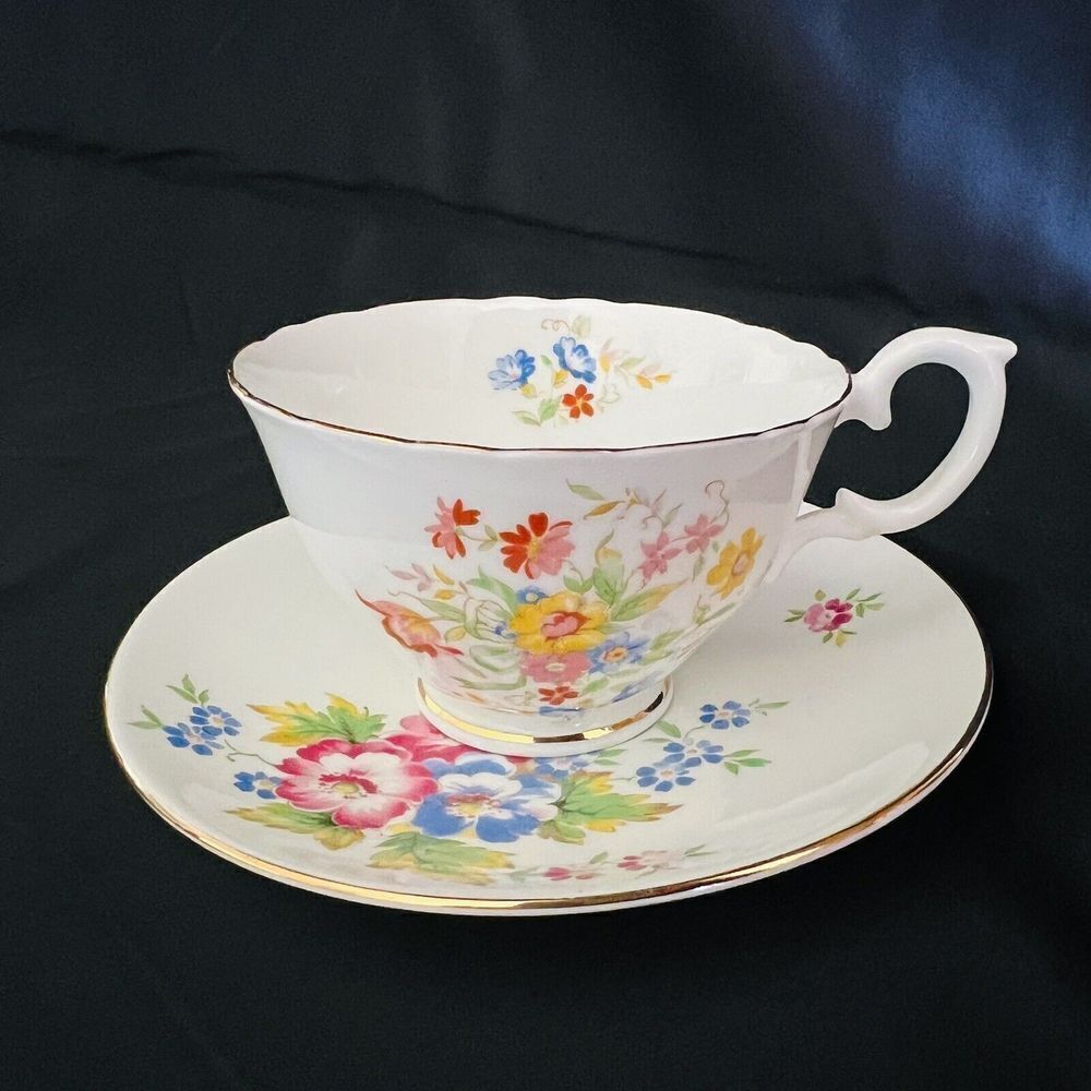 Vintage Crownford Fine Bone China Multicolored Wildflower Tea Cup Saucer England